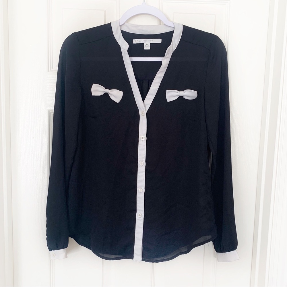 LC Lauren Conrad Sheer Preppy Blouse Button Front Bow Detail Black/White Size XS